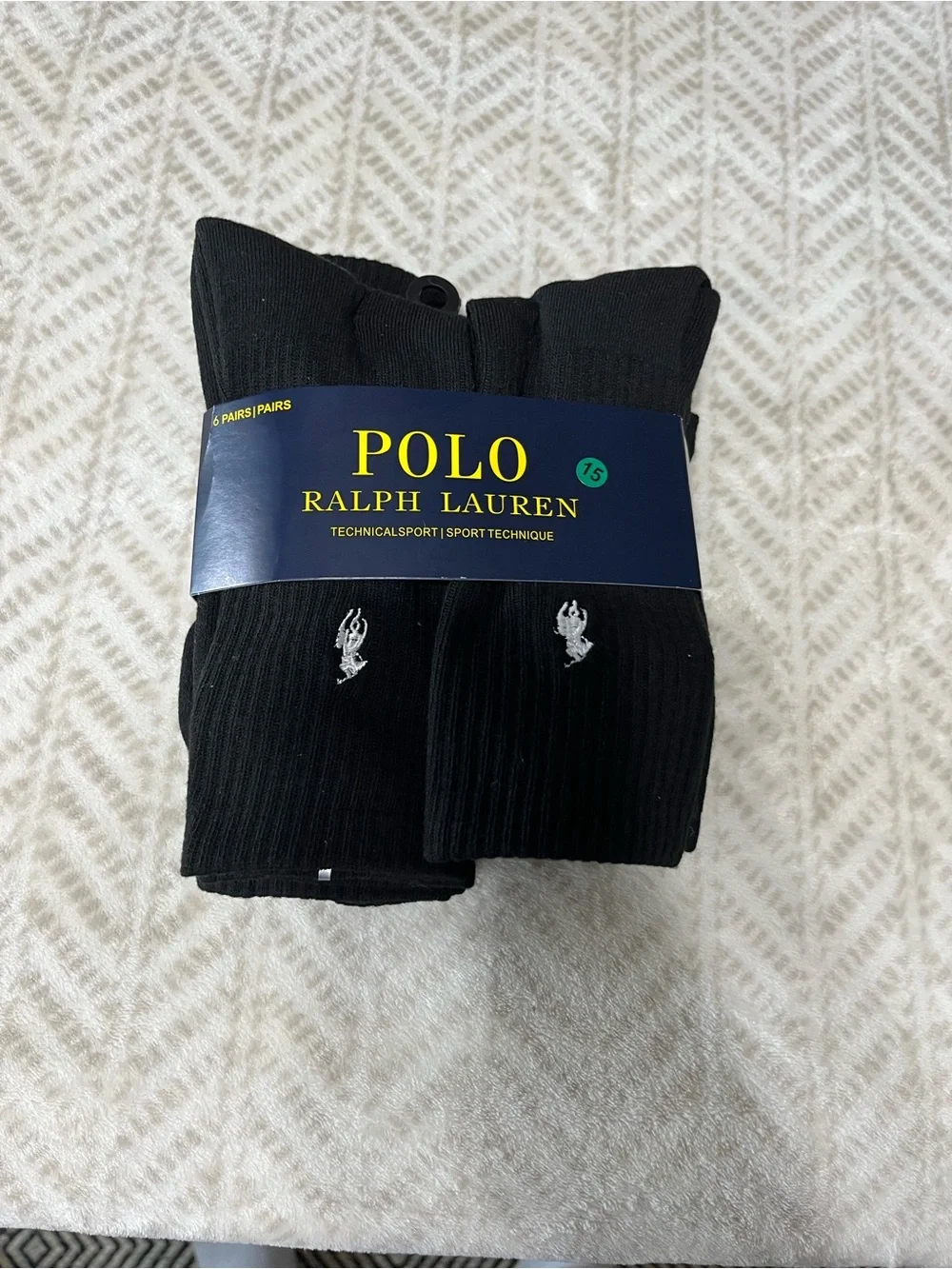 Polo Ralph Lauren Black Ribbed Crew Socks with White Polo Logo - 6 Pack 10-13